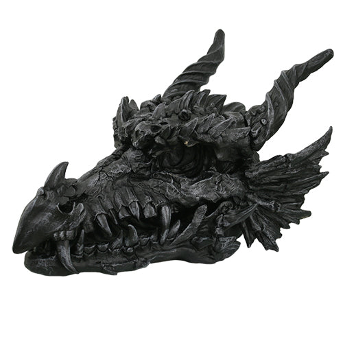 Oversized Black Dragon Skull with Horns - Faux Fossil Decor