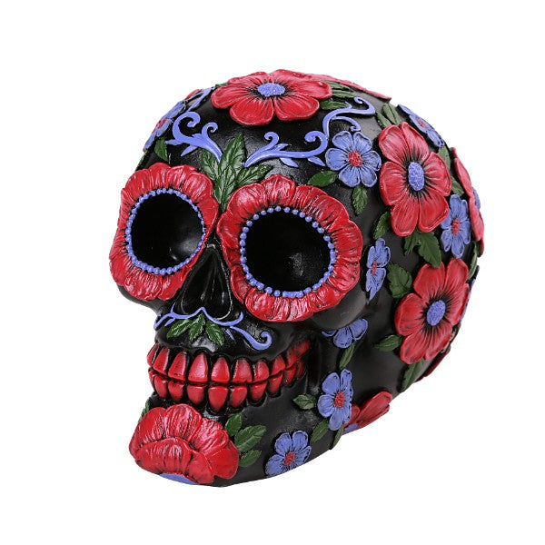 Black Floral Day of the Dead Skull - Red & Lavender