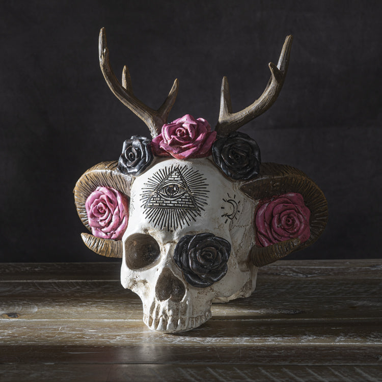 Roses Wiccan Skull with Antlers