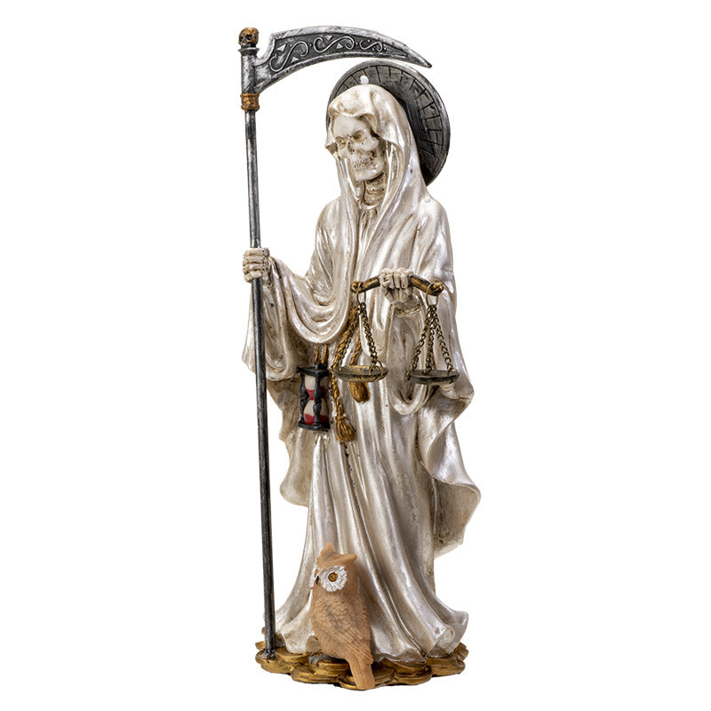White Santa Muerte Figurine with Scythe and Scales
