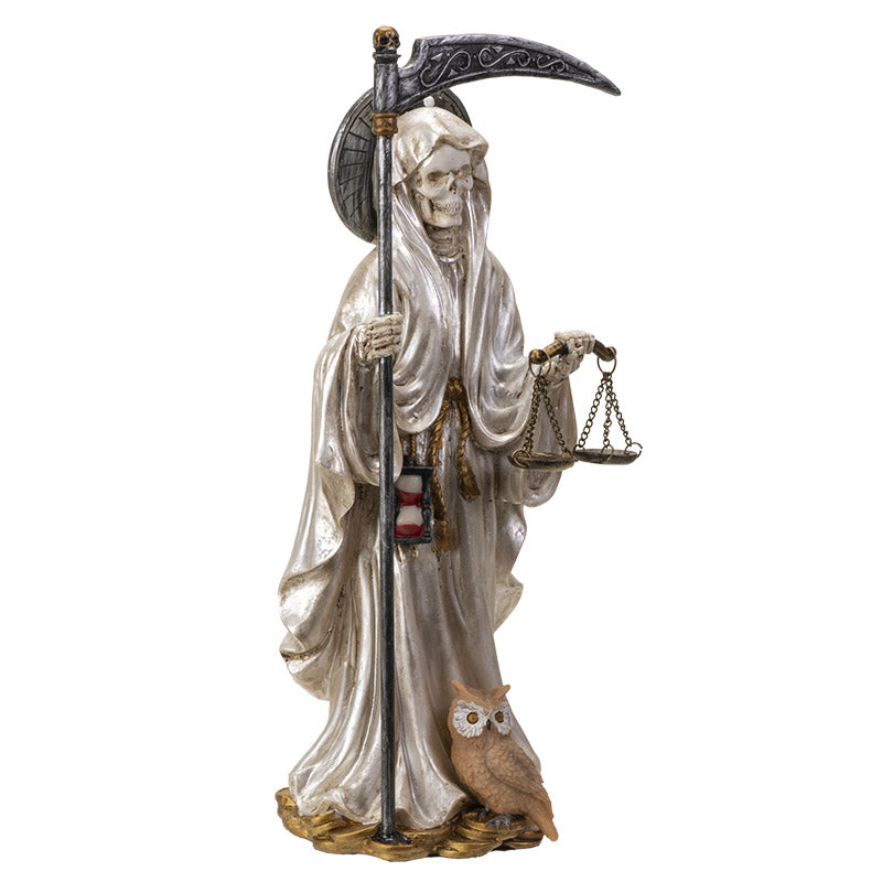 White Santa Muerte Figurine with Scythe and Scales