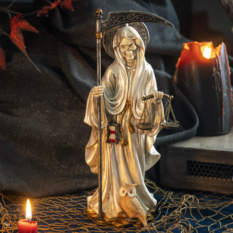 White Santa Muerte Figurine with Scythe and Scales