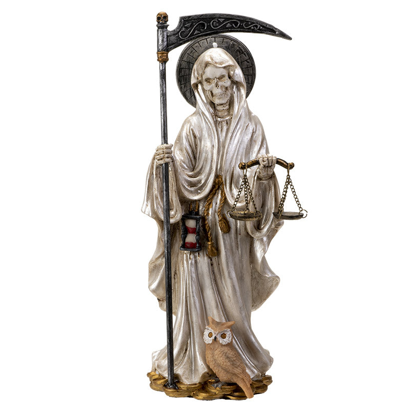 White Santa Muerte Figurine with Scythe and Scales