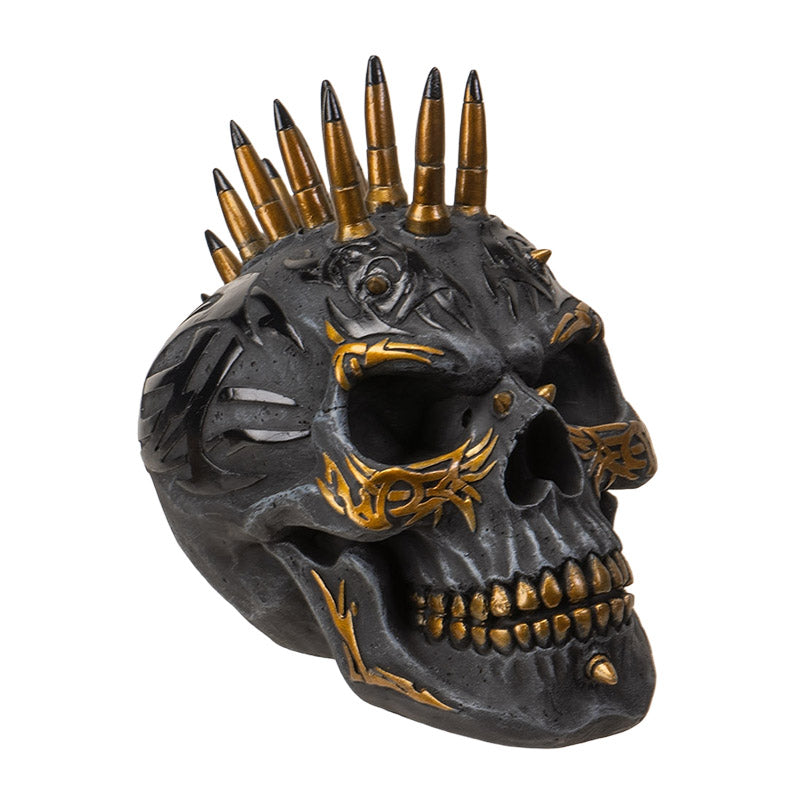 Black & Gold Bullet Shell Mohawk Tattoo Skull Figurine