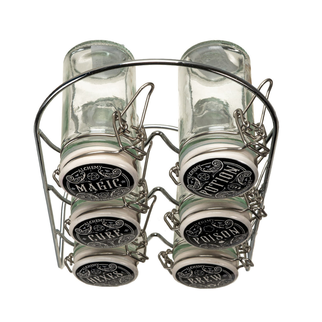 Kitchen Witch Alchemy Apothecary Jar Spice Metal Rack With 6 Glass Jars