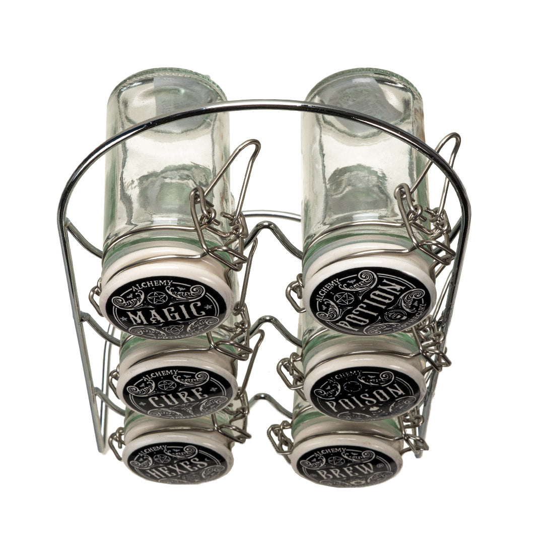 Kitchen Witch Alchemy Apothecary Jar Spice Metal Rack With 6 Glass Jars