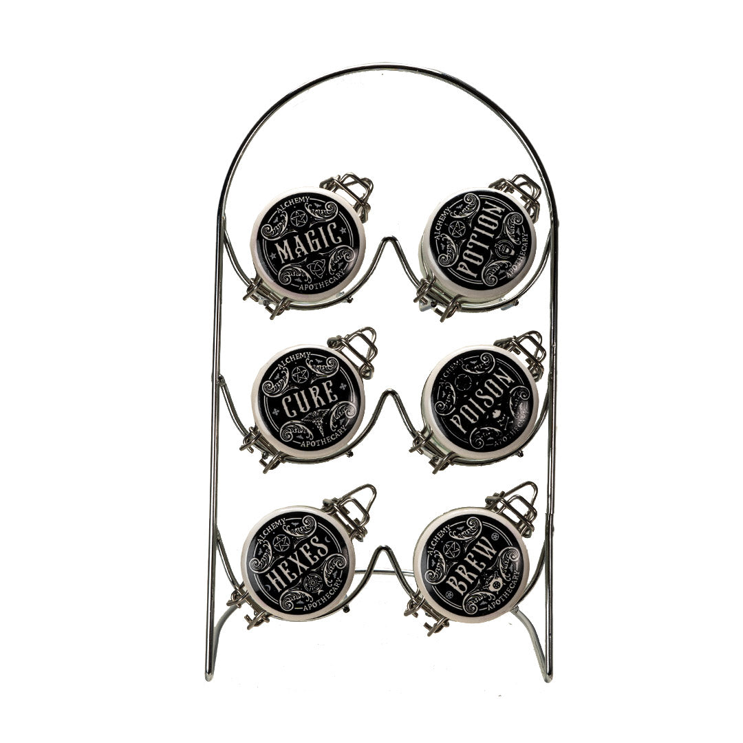 Kitchen Witch Alchemy Apothecary Jar Spice Metal Rack With 6 Glass Jars