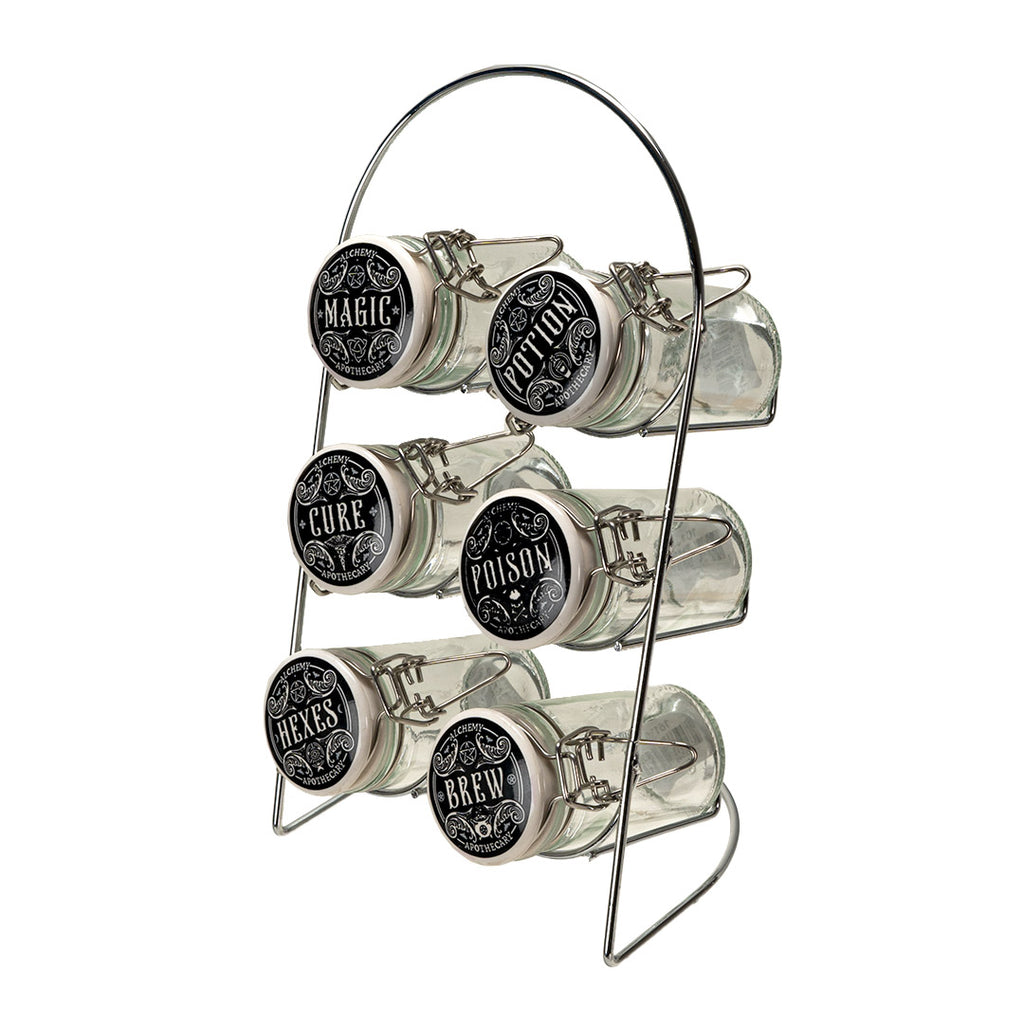 Kitchen Witch Alchemy Apothecary Jar Spice Metal Rack With 6 Glass Jars