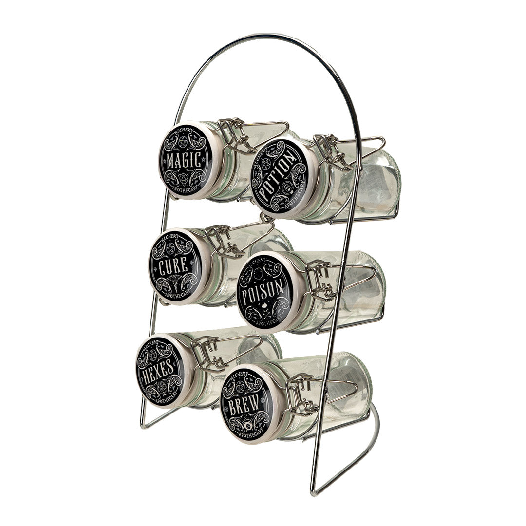 Kitchen Witch Alchemy Apothecary Jar Spice Metal Rack With 6 Glass Jars
