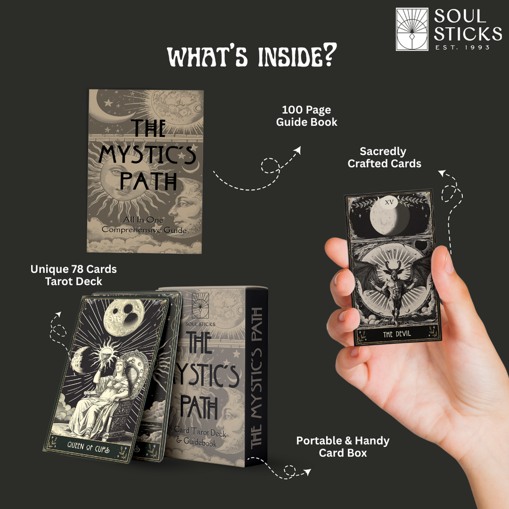 “What’s inside?” image:
“The Mystic’s Path set showing its 78-card tarot deck, 100-page guidebook, and coordinating box.”