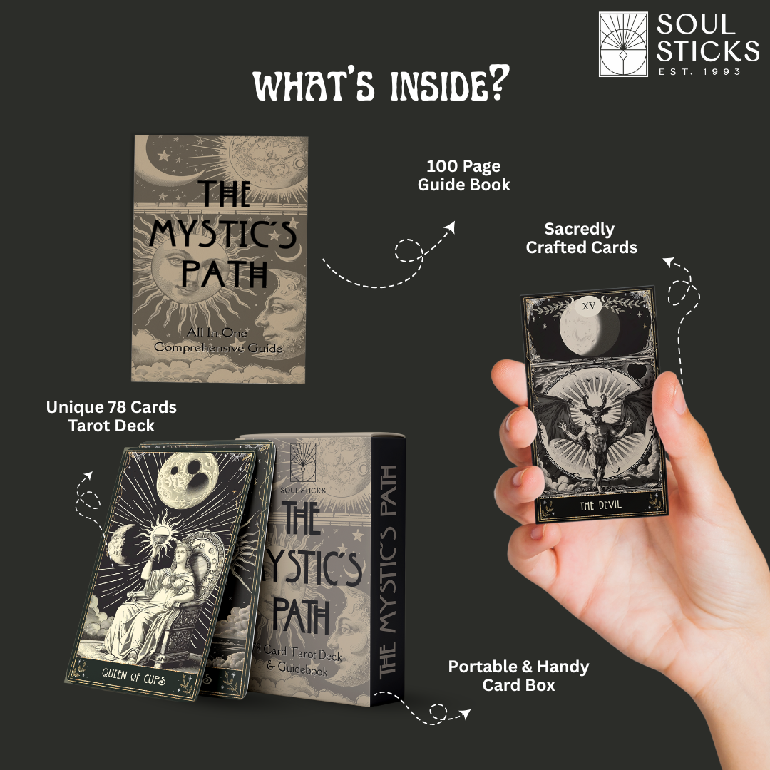 “What’s inside?” image:
“The Mystic’s Path set showing its 78-card tarot deck, 100-page guidebook, and coordinating box.”