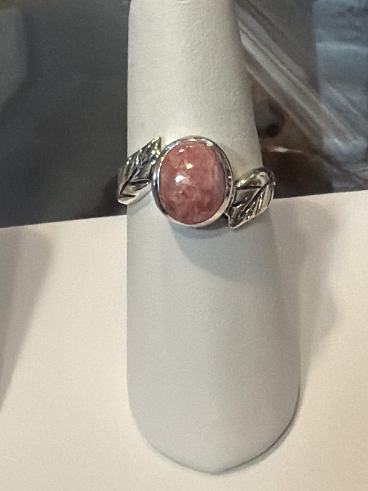 Rhodochrosite Oval with Leaf Sterling Silver Ring