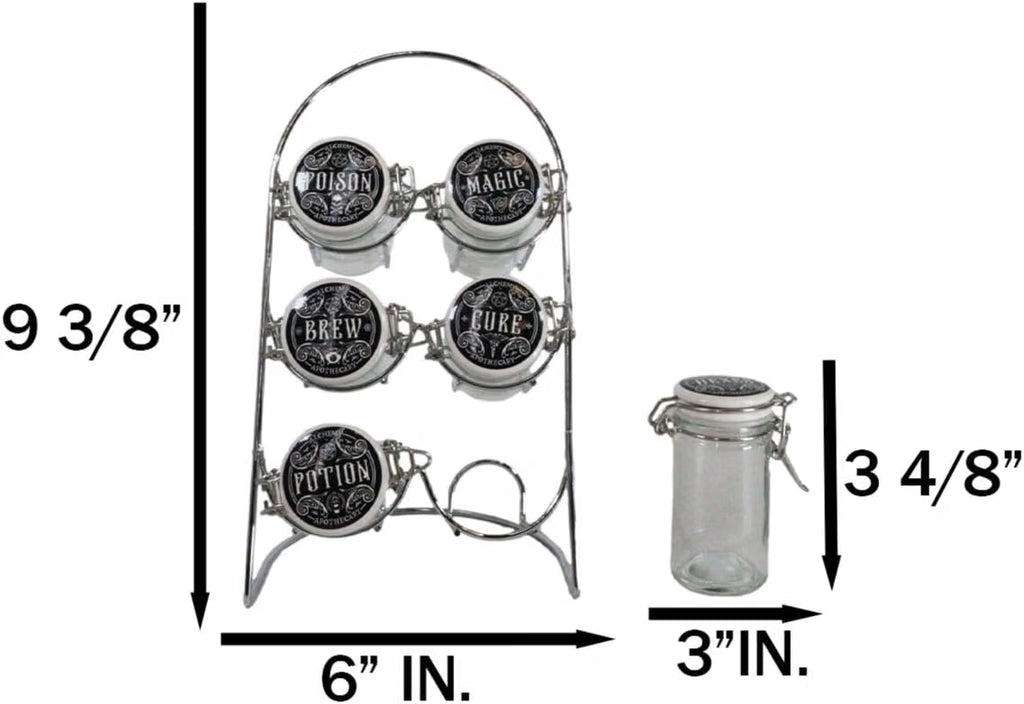 Kitchen Witch Alchemy Apothecary Jar Spice Metal Rack With 6 Glass Jars