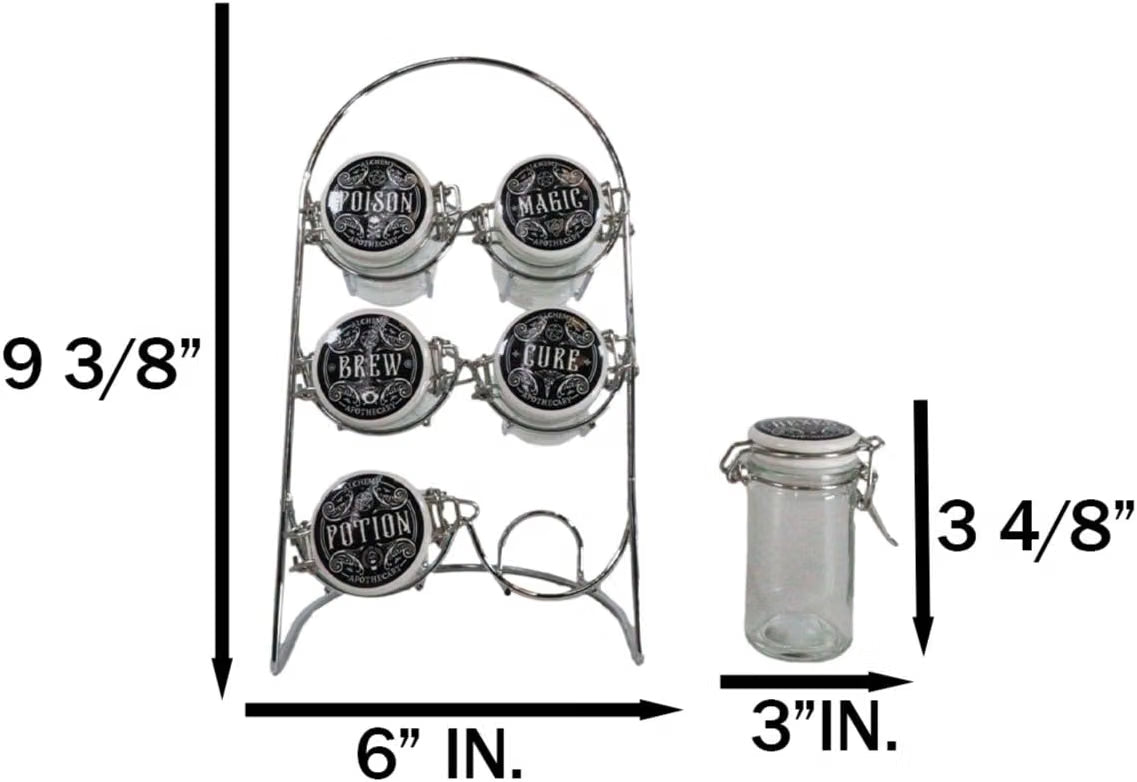 Kitchen Witch Alchemy Apothecary Jar Spice Metal Rack With 6 Glass Jars