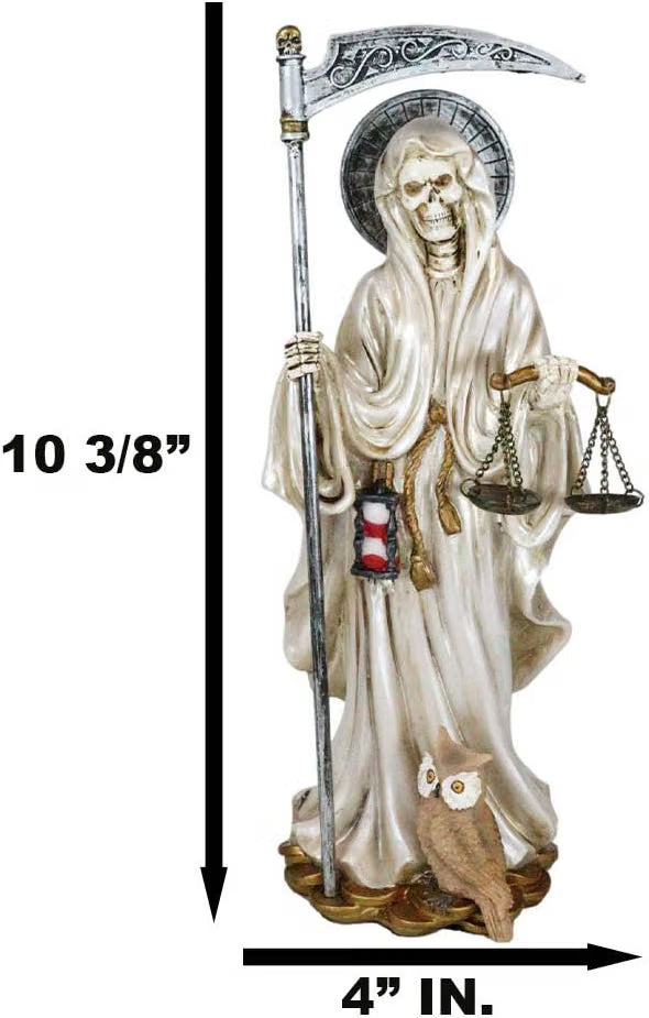 White Santa Muerte Figurine with Scythe and Scales