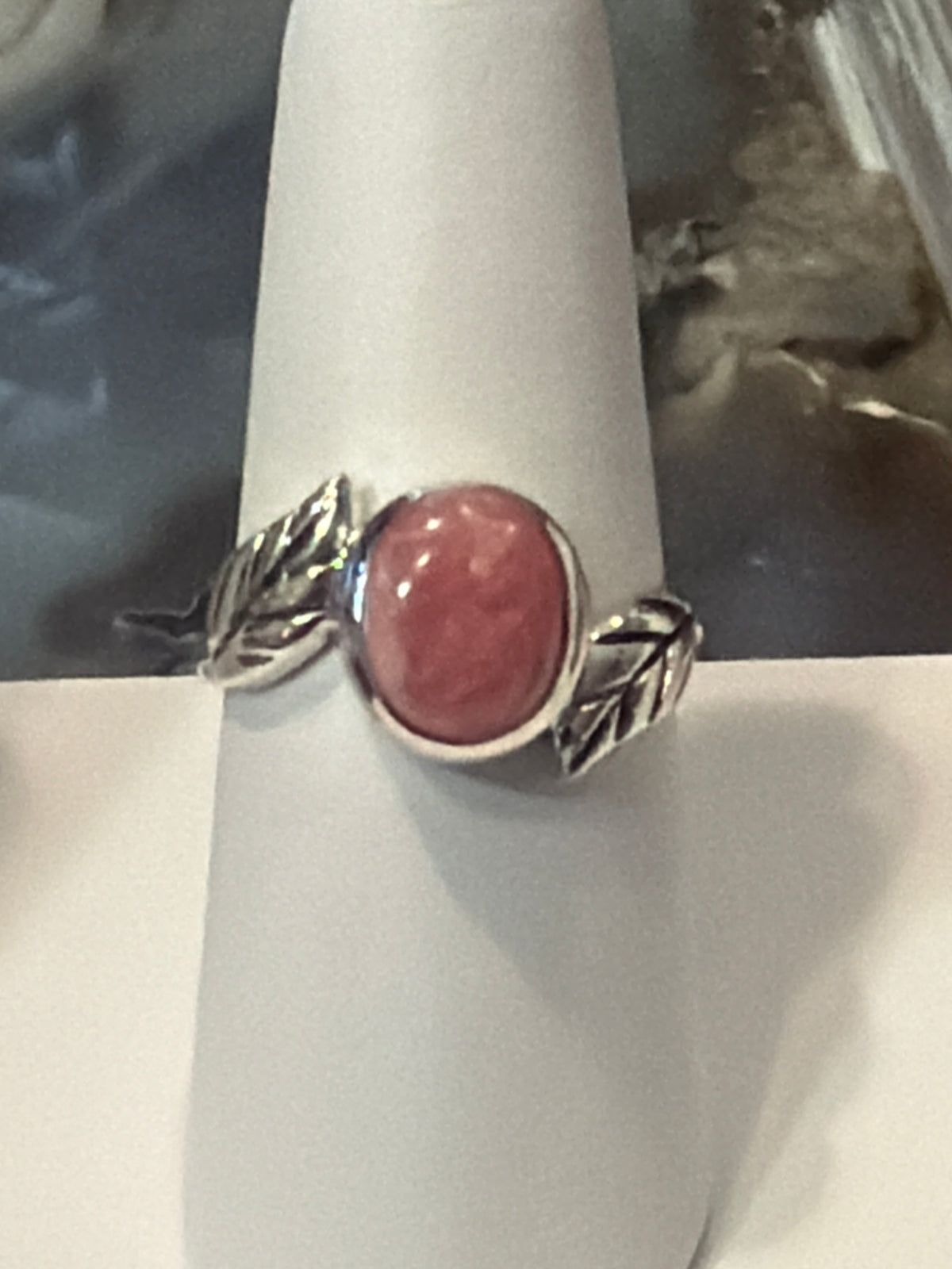 Rhodochrosite Oval with Leaf Sterling Silver Ring