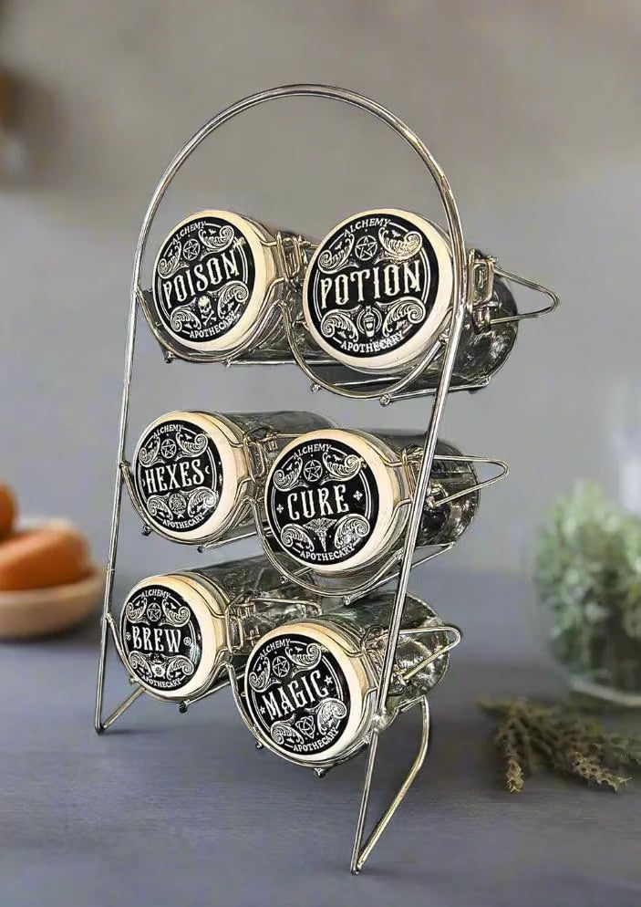 Kitchen Witch Alchemy Apothecary Jar Spice Metal Rack With 6 Glass Jars