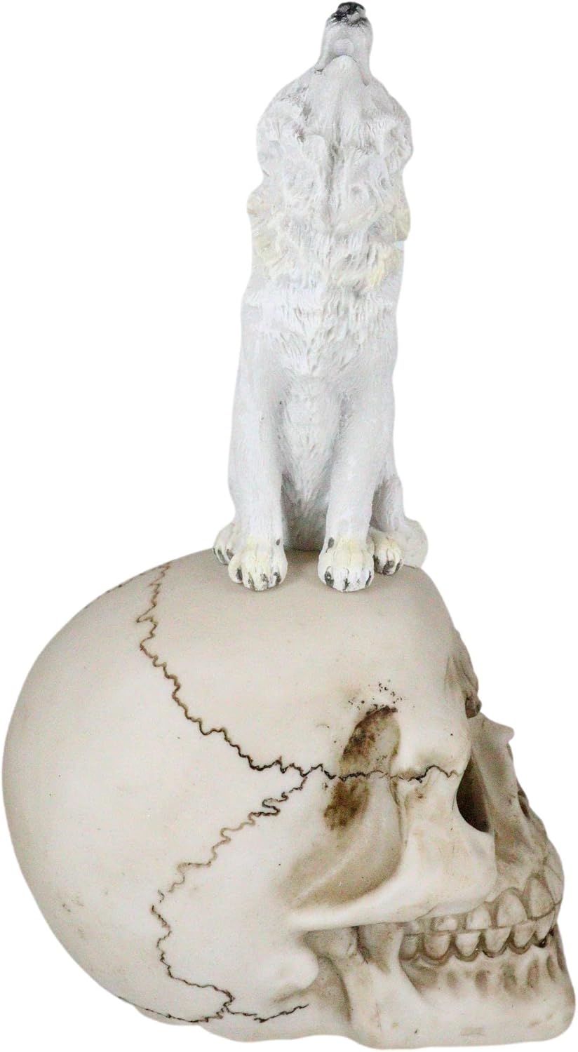 Howling Snow White Wolf Sitting On Graveyard Skull Figurine
