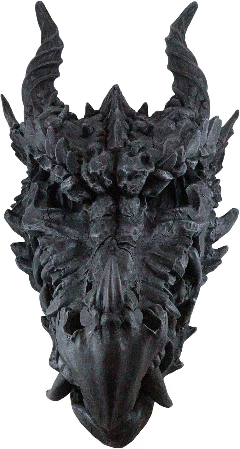 Oversized Black Dragon Skull with Horns - Faux Fossil Decor