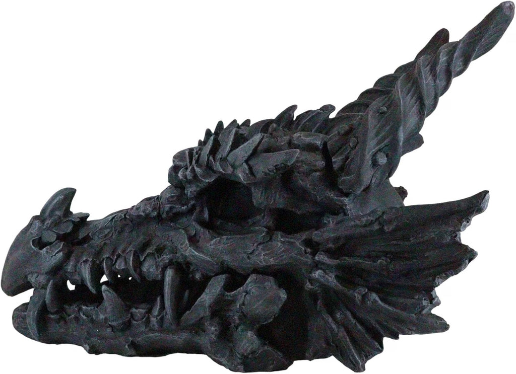 Oversized Black Dragon Skull with Horns - Faux Fossil Decor