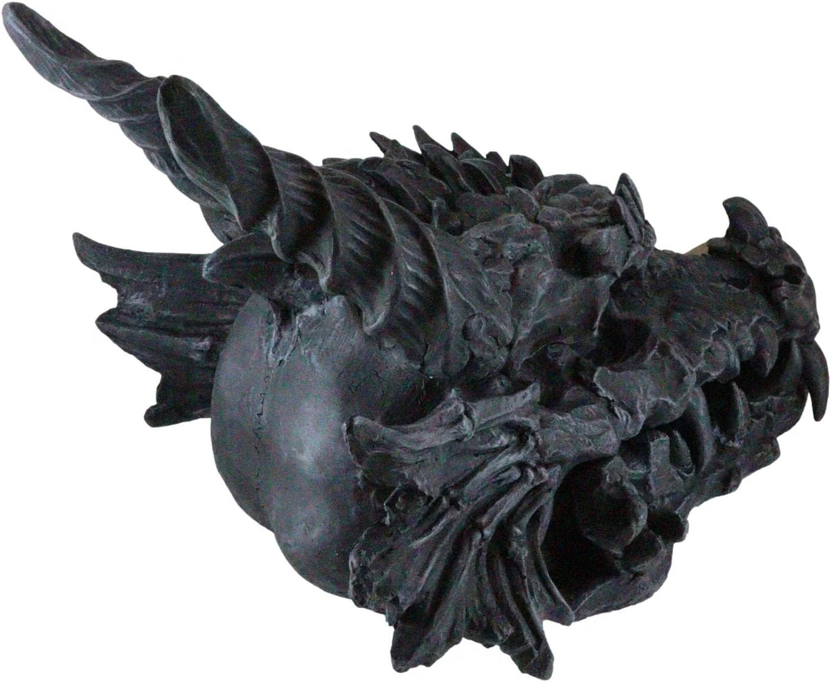 Oversized Black Dragon Skull with Horns - Faux Fossil Decor