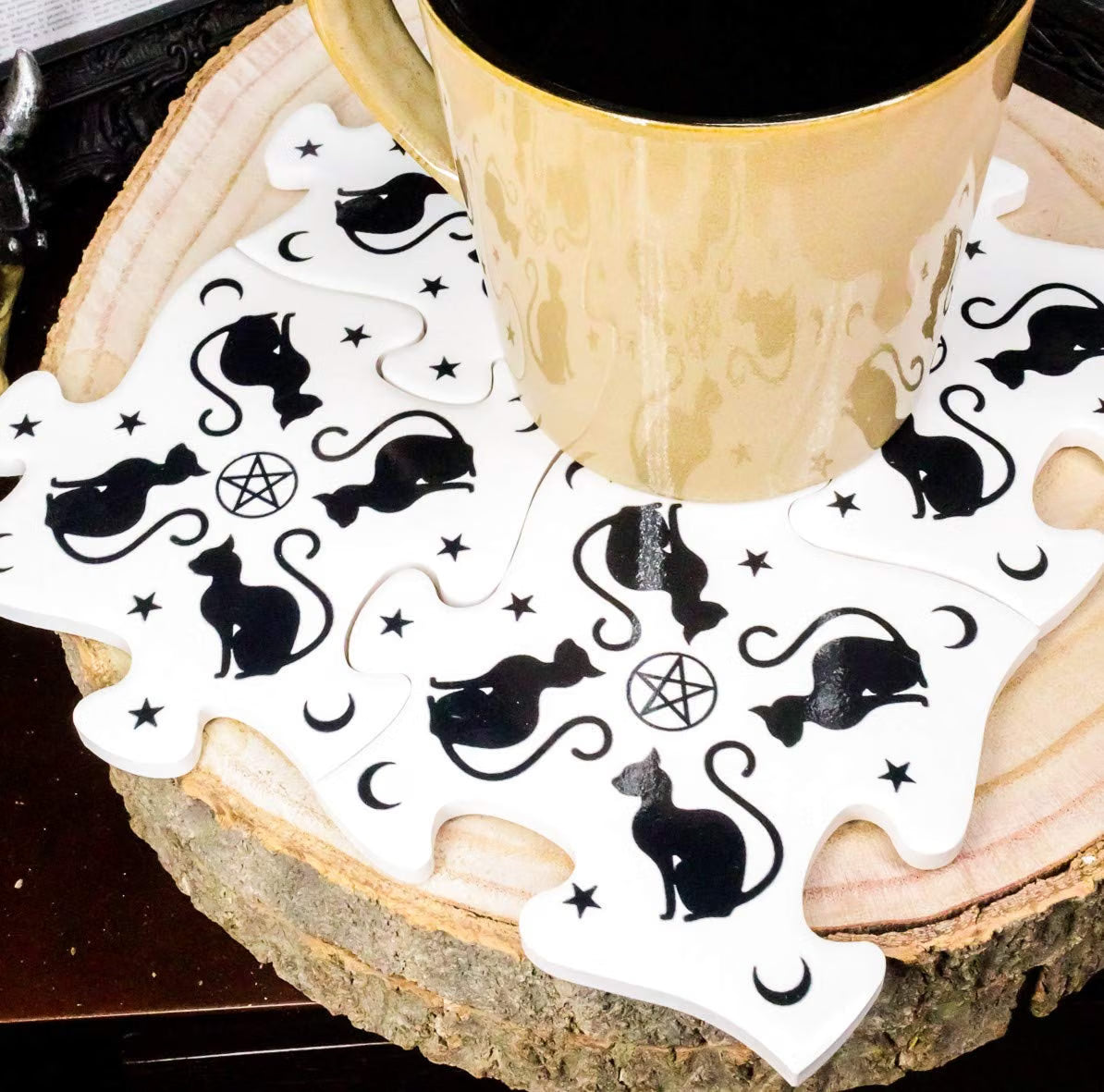 Witching Hour Black Cats Jigsaw Puzzle Ceramic Coasters Trivet 4pc Set