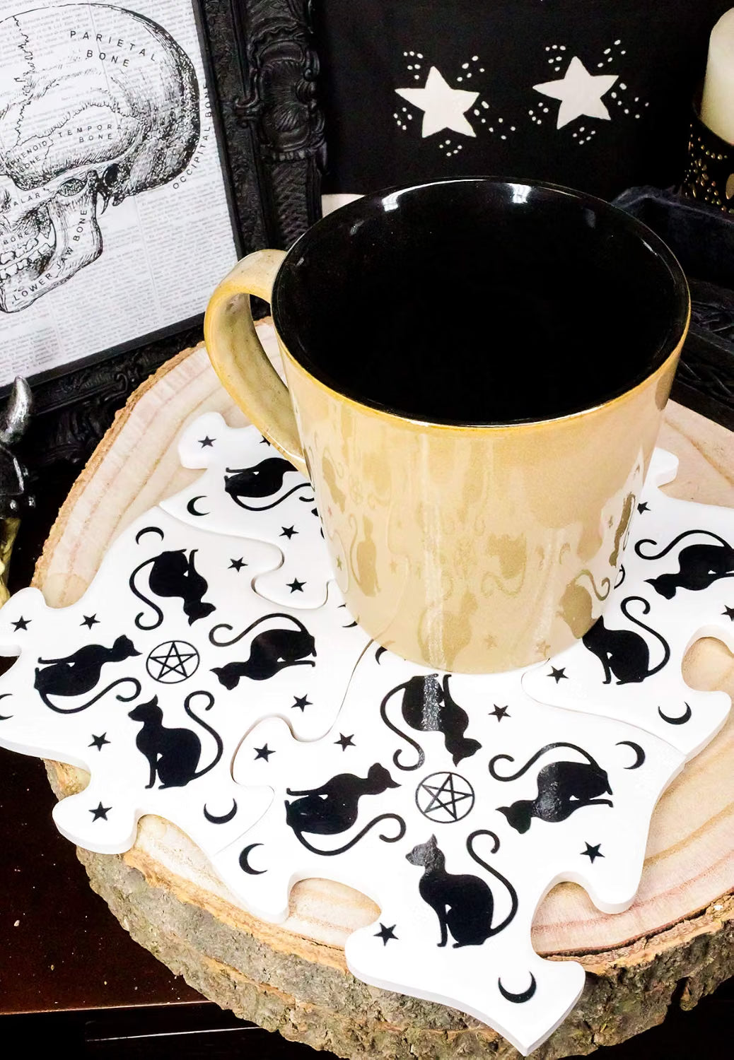 Witching Hour Black Cats Jigsaw Puzzle Ceramic Coasters Trivet 4pc Set