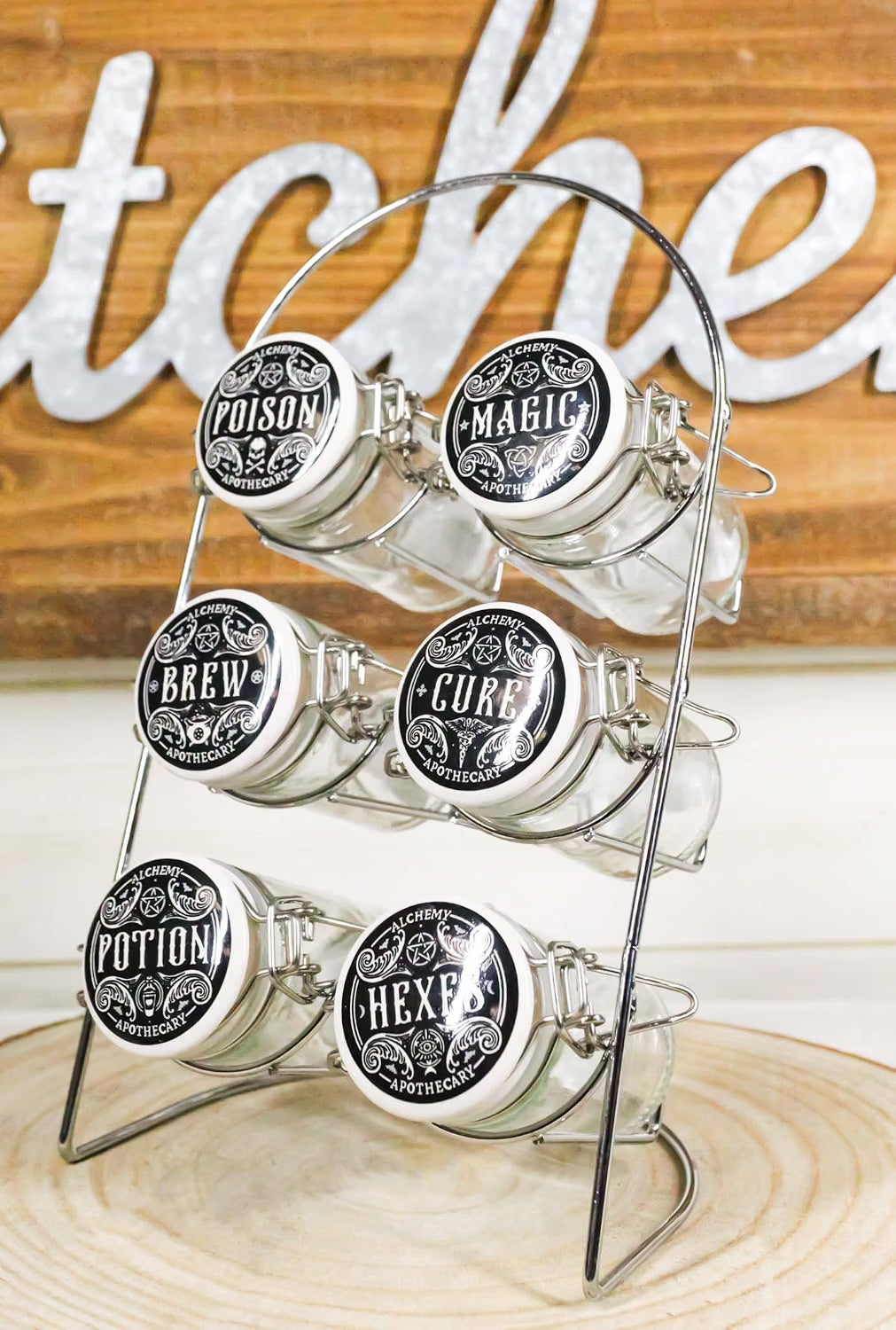 Kitchen Witch Alchemy Apothecary Jar Spice Metal Rack With 6 Glass Jars