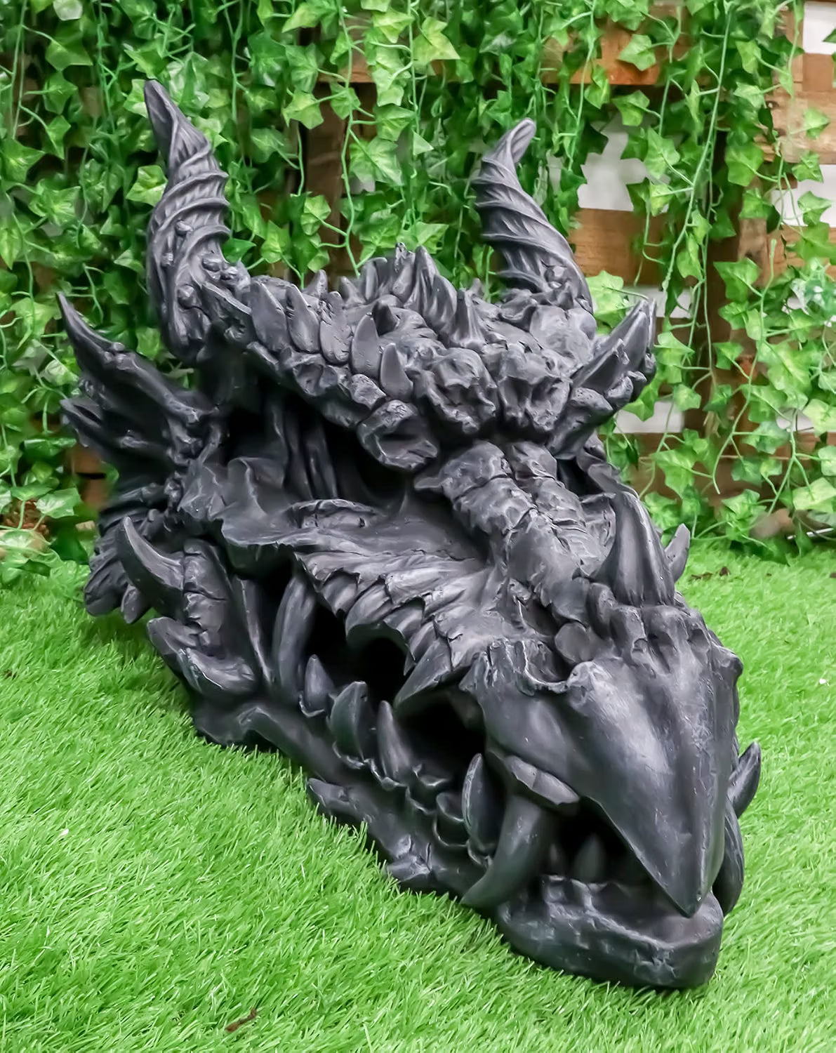 Oversized Black Dragon Skull with Horns - Faux Fossil Decor