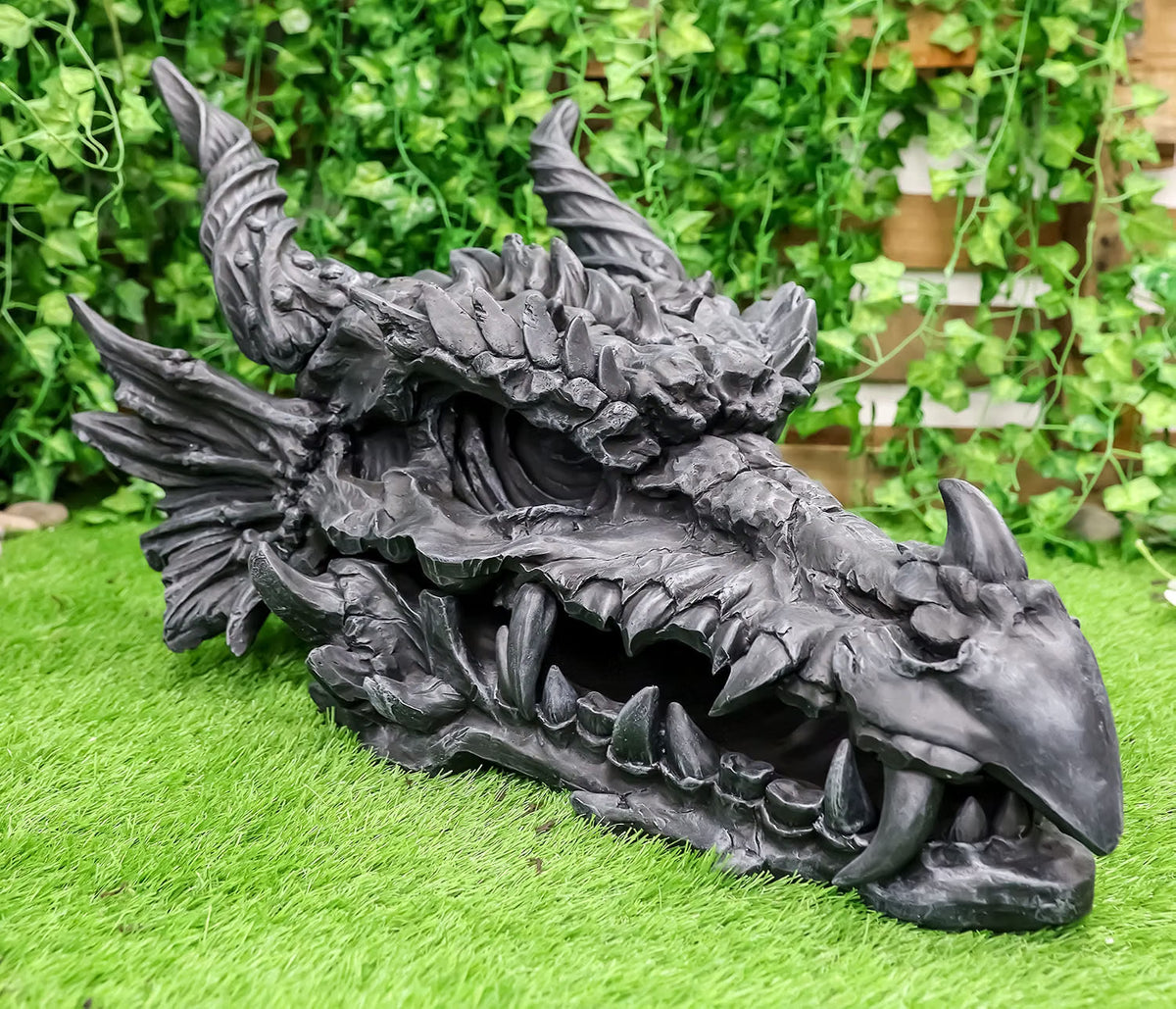Oversized Black Dragon Skull with Horns - Faux Fossil Decor