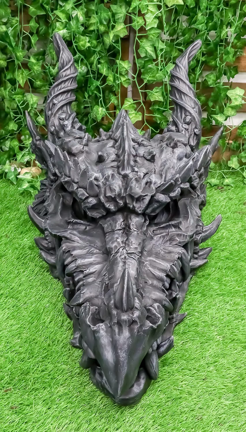 Oversized Black Dragon Skull with Horns - Faux Fossil Decor