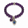 8mm purple amethyst stretch bracelet with silver tone Hamsa hand, blue evil eye charm and dangling amethyst bead