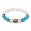 8mm aquamarine and snow quartz stretch bracelet with blue and white beads, silver tone spacers and Buddha head