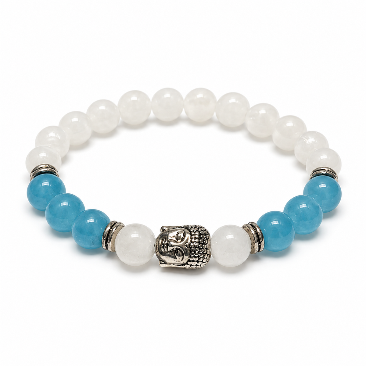 8mm aquamarine and snow quartz stretch bracelet with blue and white beads, silver tone spacers and Buddha head