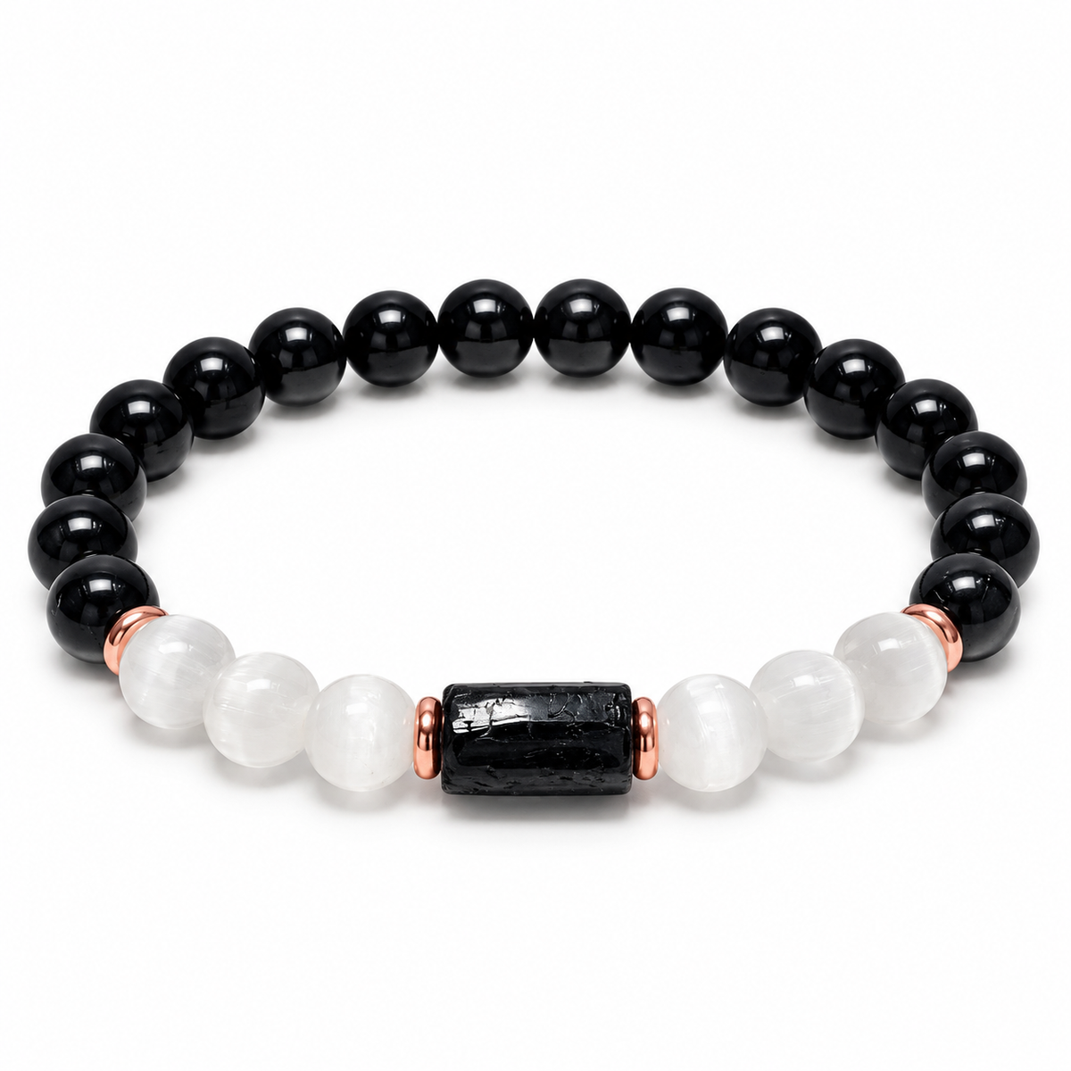 8mm Black Tourmaline and Selenite bracelet with black cylinder centerpiece and rose-gold-colored spacers on white background