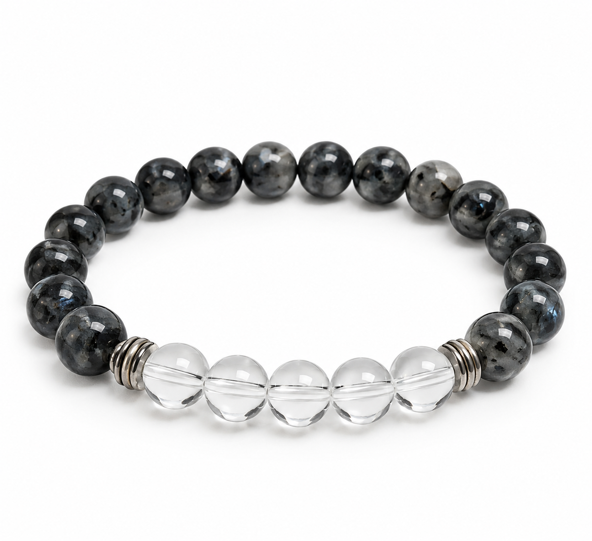 8mm larvikite and clear quartz bracelet with five clear beads and silver-tone spacers on white background
