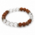 8mm Rudraksha and clear quartz stretch bracelet with textured brown seeds and silver-tone ring spacers on white