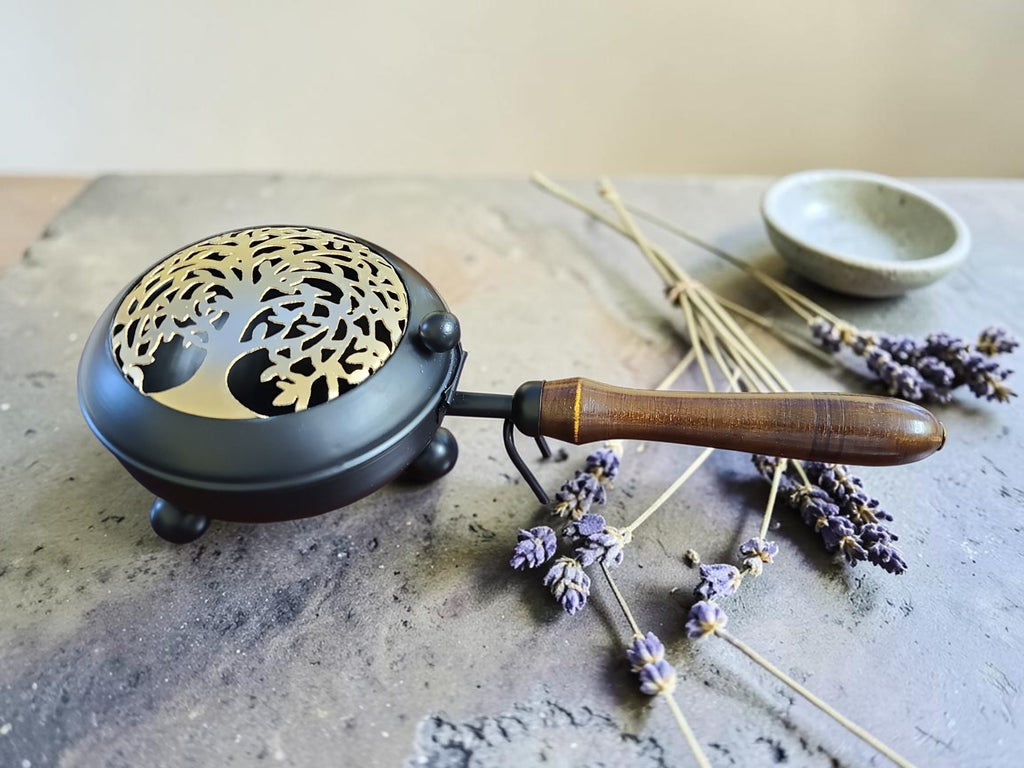 Tree of Life Metal Charcoal Burner with Wooden Handle