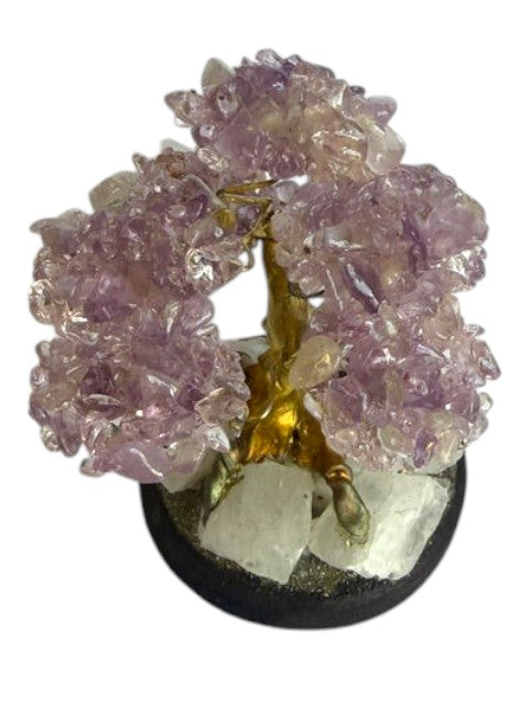 Crystal Fairy Patch amethyst bonsai tree with gold-toned trunk on a raw quartz and pyrite base for home decor.