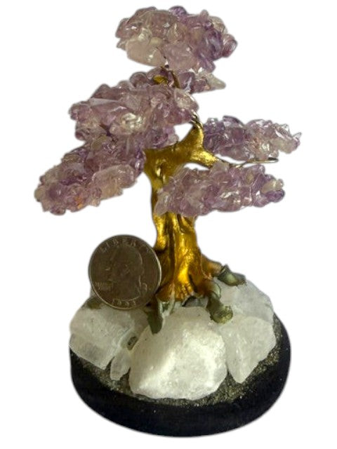 Crystal Fairy Patch amethyst bonsai tree with gold trunk on a raw quartz and pyrite base, featuring violet crystal leaves.