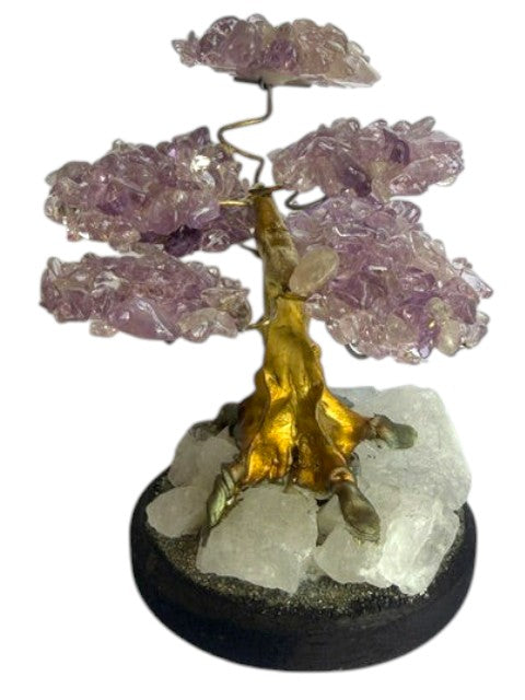 Crystal Fairy Patch amethyst bonsai tree with gold-toned trunk on a raw quartz and pyrite base for home decor.