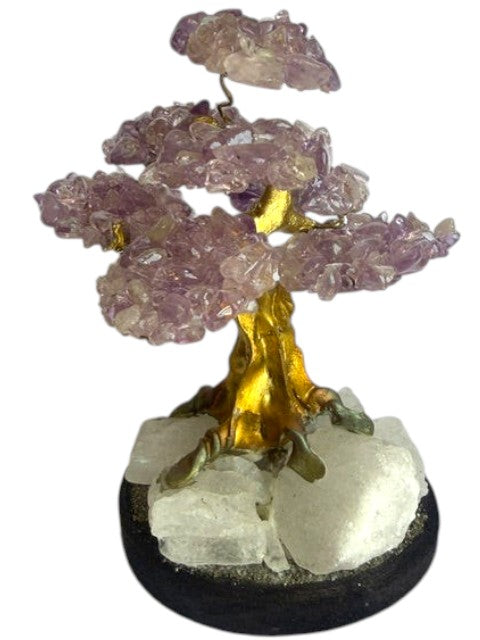 Crystal Fairy Patch amethyst bonsai tree with gold-toned trunk on a raw quartz and pyrite base for home decor.