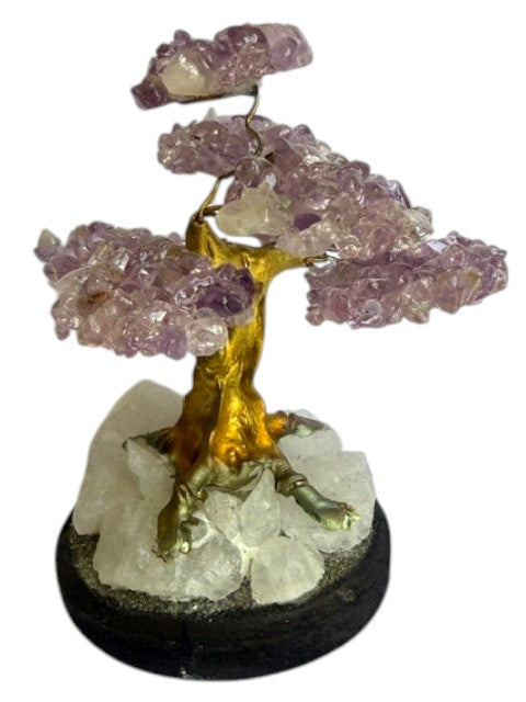 Crystal Fairy Patch amethyst bonsai tree with gold-toned trunk on a raw quartz and pyrite base for home decor.
