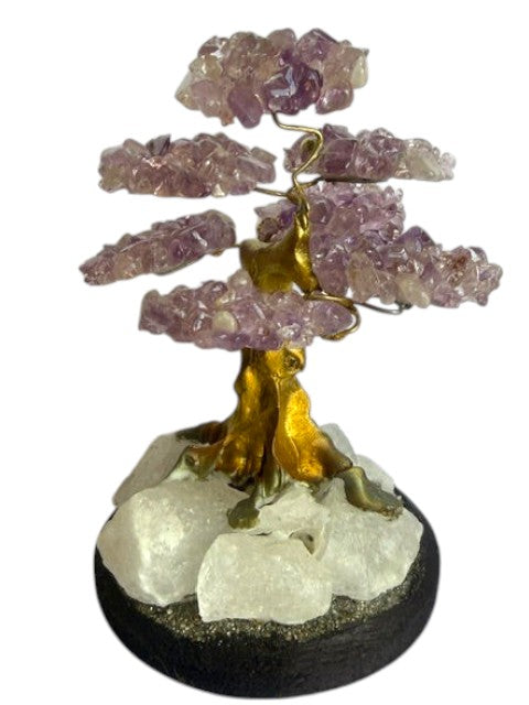 Crystal Fairy Patch amethyst bonsai tree with gold trunk on a raw quartz and pyrite base for home decor and crystal healing.