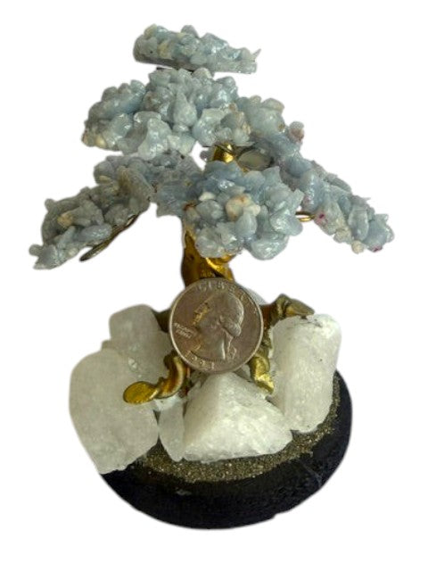 Crystal Fairy Patch Angelite bonsai tree with sky-blue crystal leaves, gold-toned trunk, and quartz and pyrite base.
