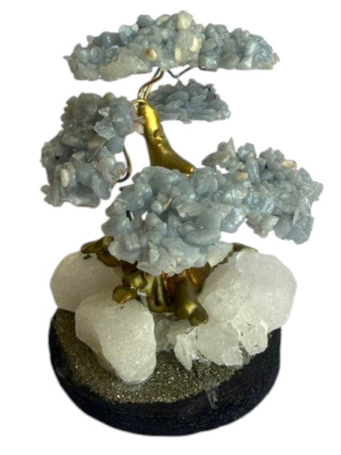 Crystal Fairy Patch Angelite bonsai tree with sky-blue crystal leaves on a natural quartz and pyrite-coated base.