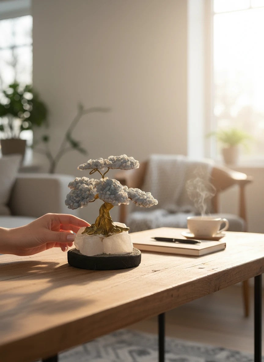 Crystal Fairy Patch Angelite bonsai tree with sky-blue crystal leaves on a quartz and pyrite base, displayed on a wooden desk.