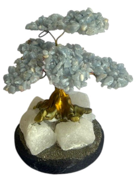 Crystal Fairy Patch Angelite bonsai tree with sky-blue crystal leaves on a natural quartz and pyrite-coated base.