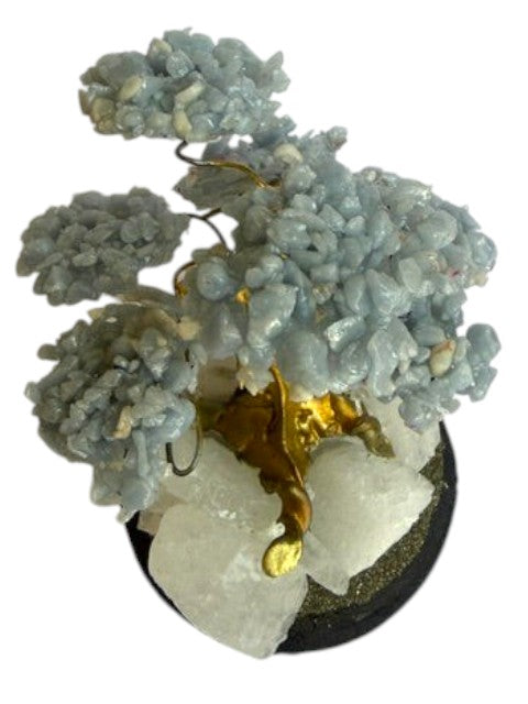 Crystal Fairy Patch Angelite bonsai tree with sky-blue crystal leaves, gold trunk, and quartz and pyrite base for home decor.