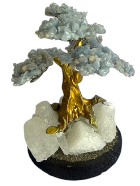 Crystal Fairy Patch Angelite bonsai tree with sky-blue crystal leaves, golden trunk, and quartz and pyrite base for home decor.